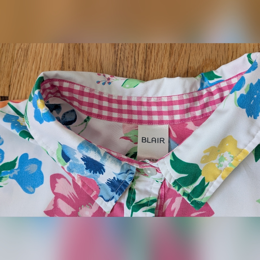 Blair White and Blue Floral Button Up Shirt Lightweight Spring Size 2XL - Picture 8 of 10